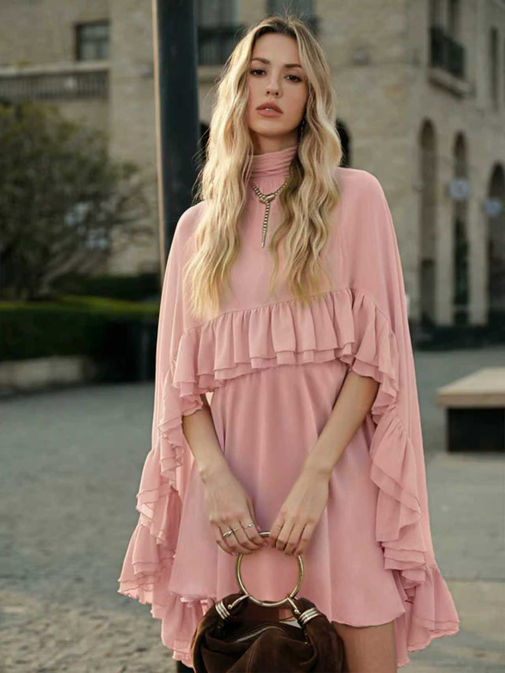 The Audrey Two-Piece Mock-Neck Sleeveless Top & A-Line Midi Skirt Set in Pink