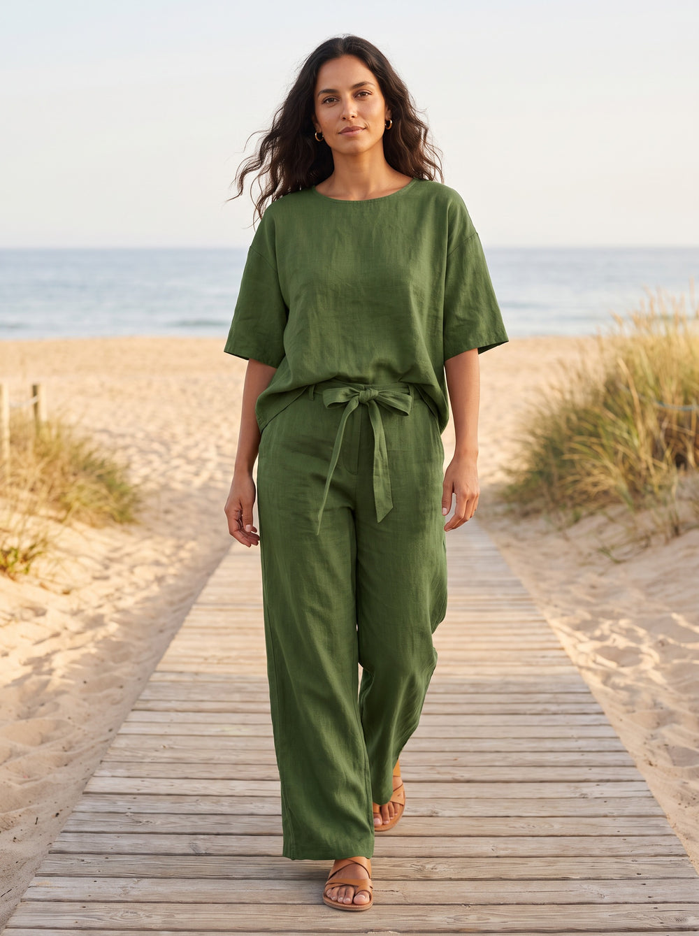 Linen-Blend Short-Sleeve Top & Wide-Leg Pants Set with Belt in Military Green