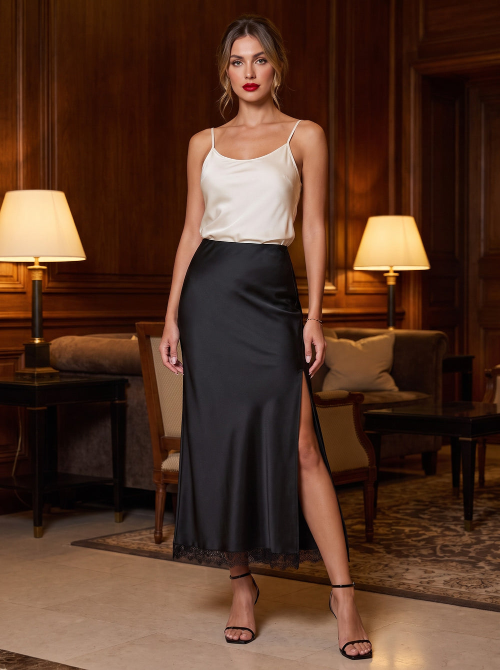 The Liora Lace-Trim Satin Slit Midi Skirt in Black