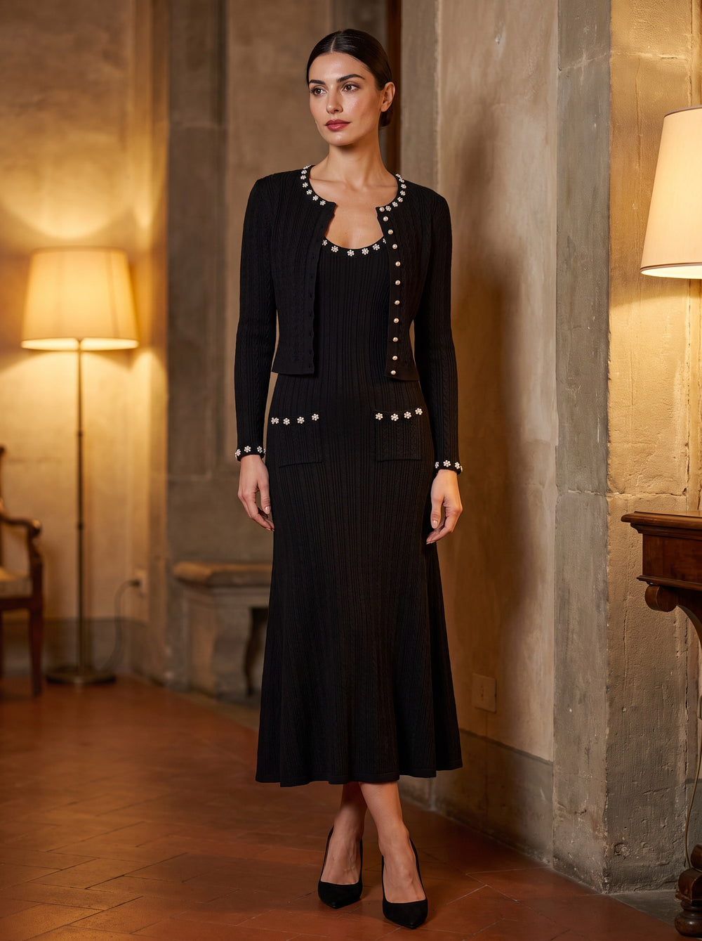 The Lumina Two-Piece Viscose Knit Cardigan & Sleeveless Slip Dress Set in Black