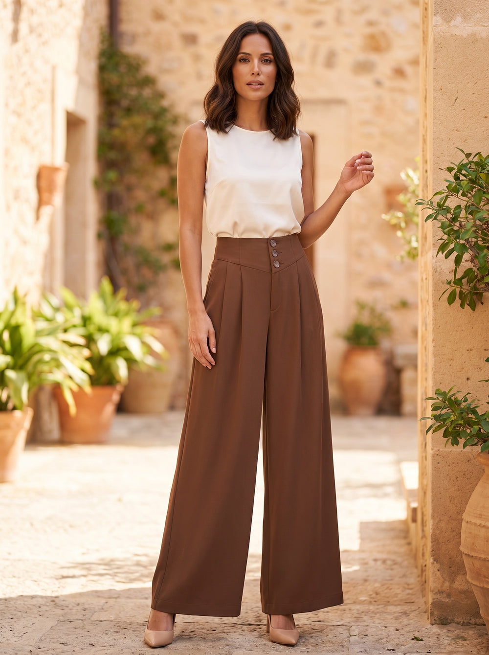 The Rhea Drape Straight-Leg Wide Trousers in Caramel