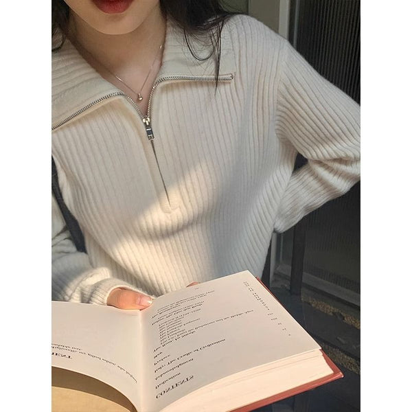 The Sabine Half-Zip Collar Knit Sweater in Ivory