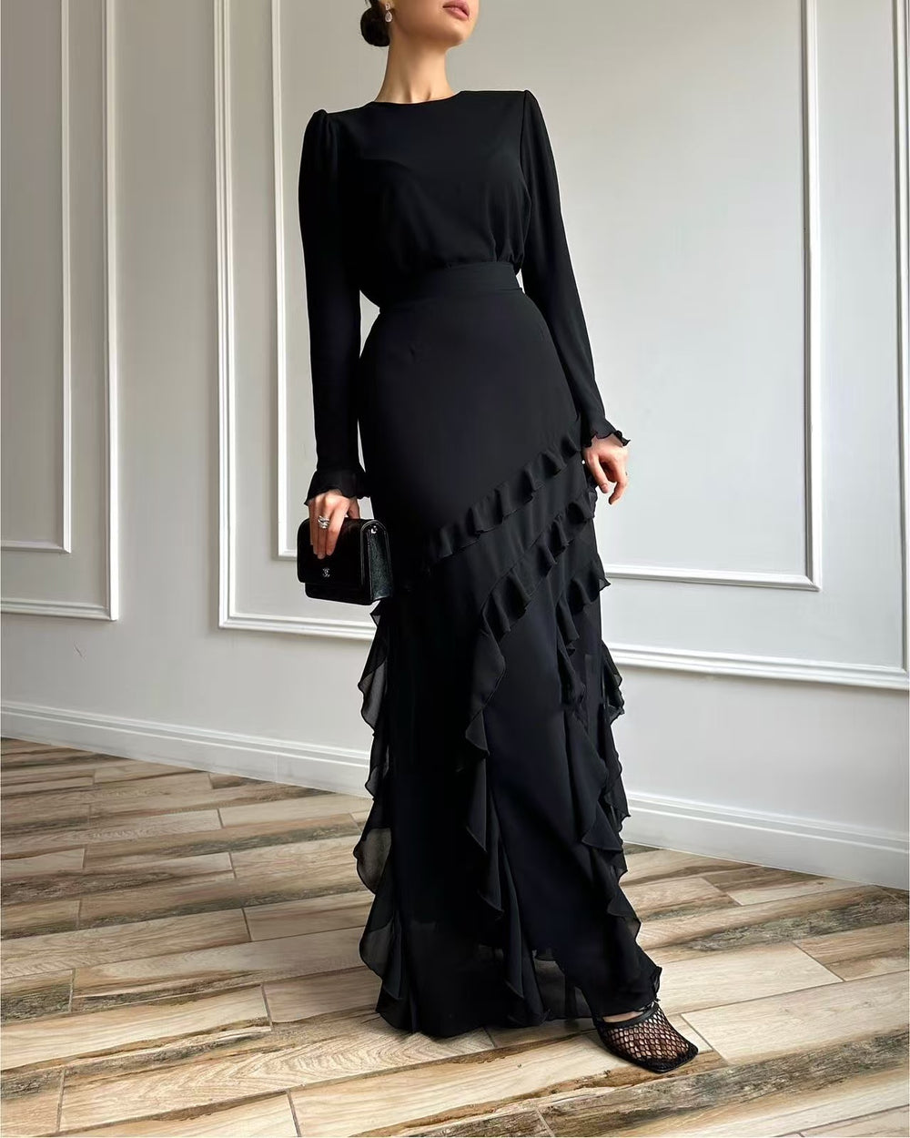 The Belladonna Ruffle-Trimmed Chiffon Maxi Dress in Black