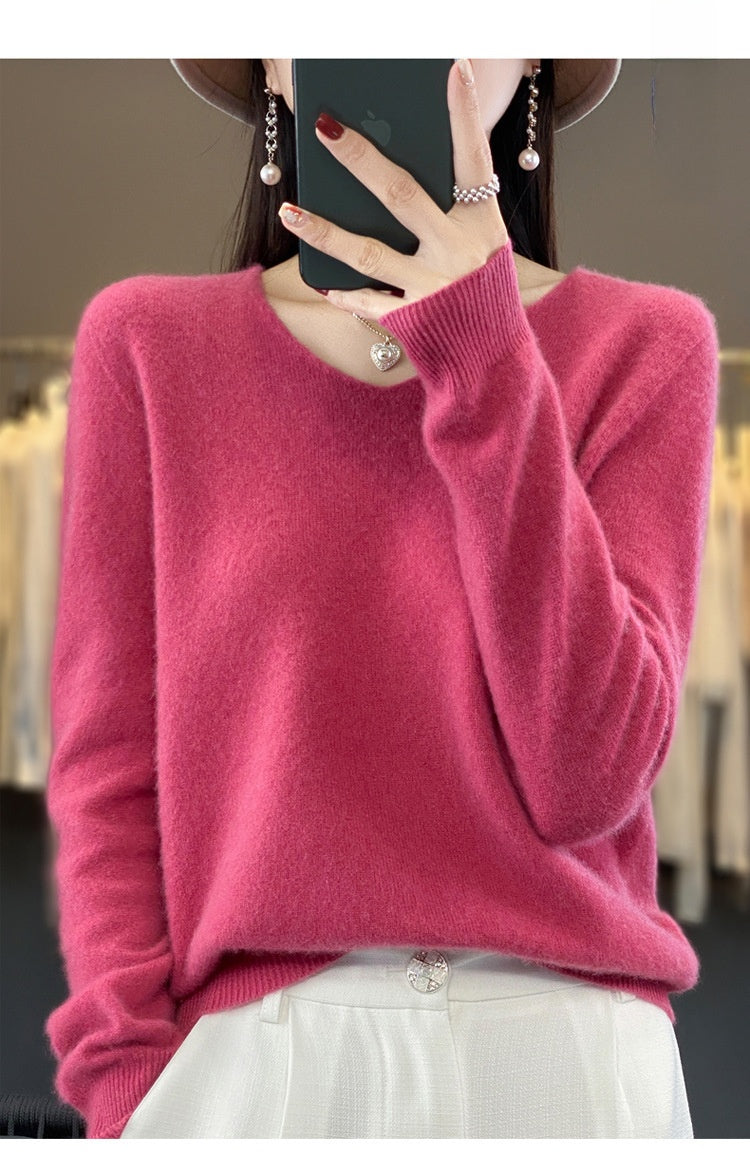 The Ada Relaxed V-Neck Knit Sweater in Raspberry