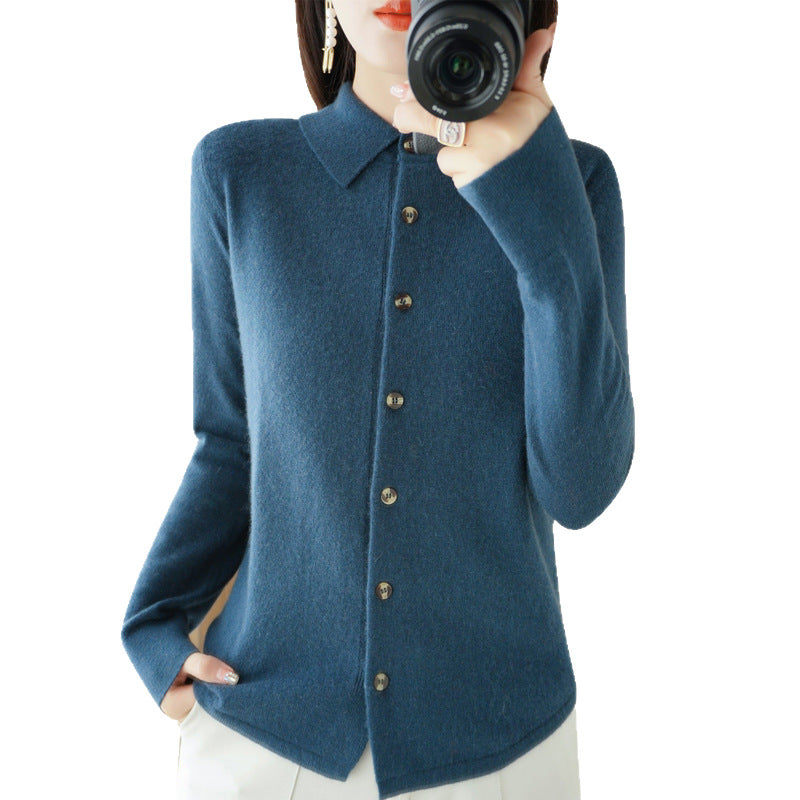 The Audra Polo-Collar Knit Cardigan in Teal Blue