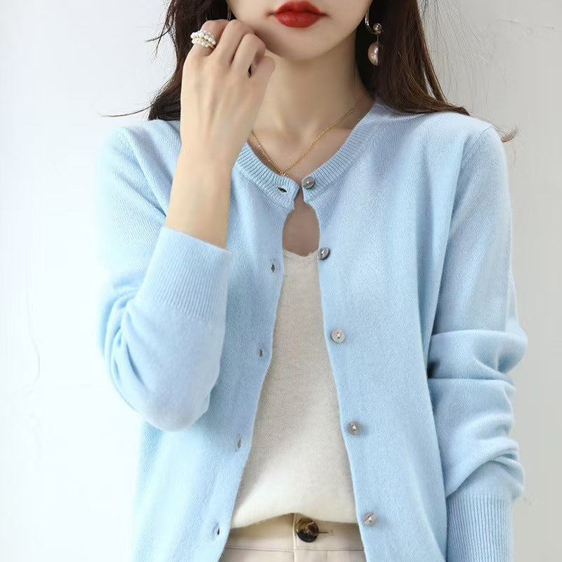 The Celia Fine-Knit Crewneck Cardigan in Sky Blue