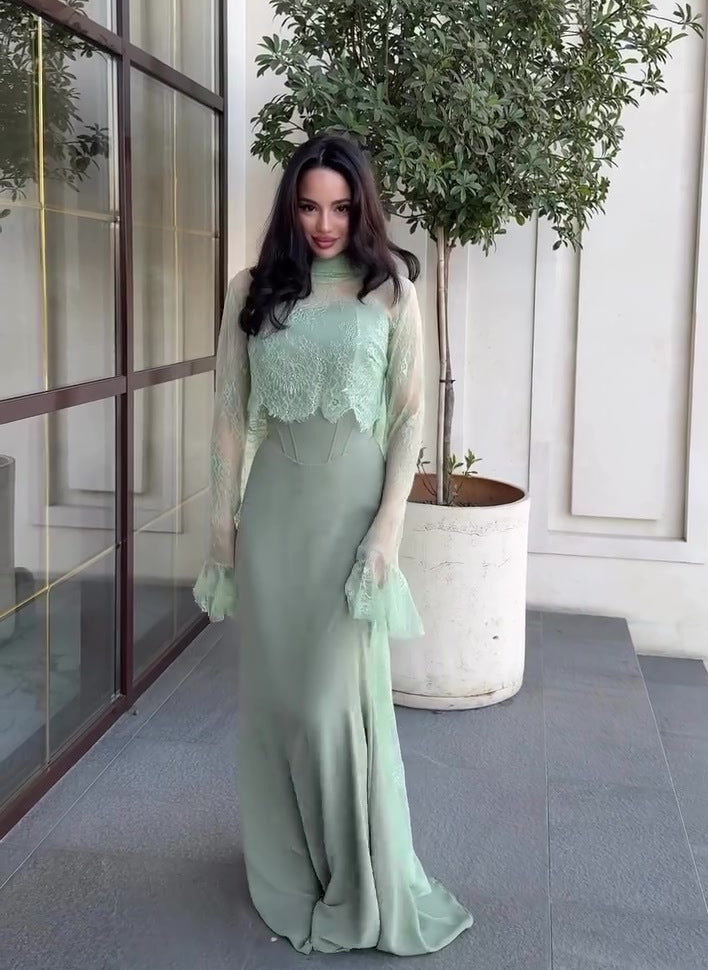 The Lumière Lace-Accented Mermaid Maxi Dress in Light green