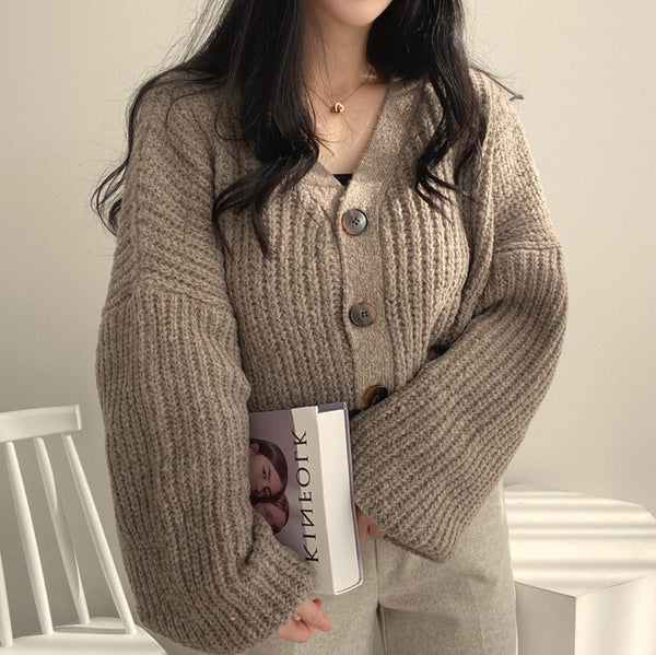 The Camille Chunky Rib Lantern-Sleeve Cardigan, photo 2 of 5