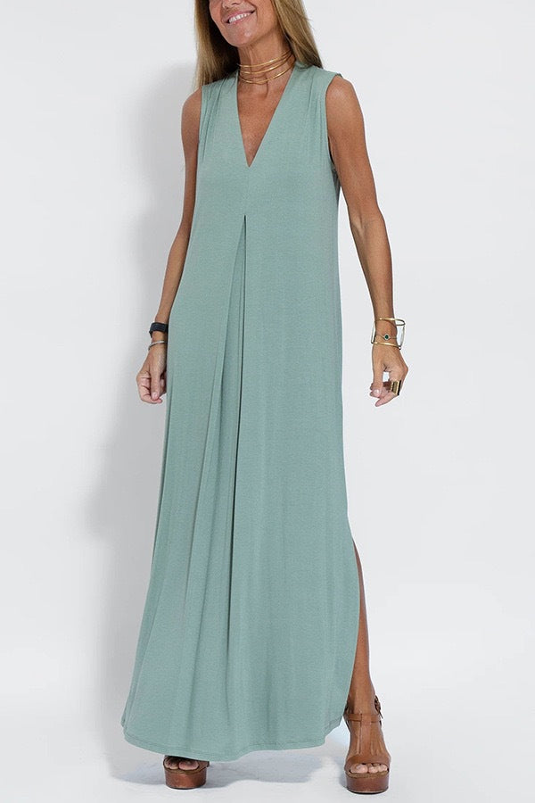 The Solstice Two-Piece Pleated V-Neck Maxi Dress & Duster Cardigan Set in Blue - Maxi Dress