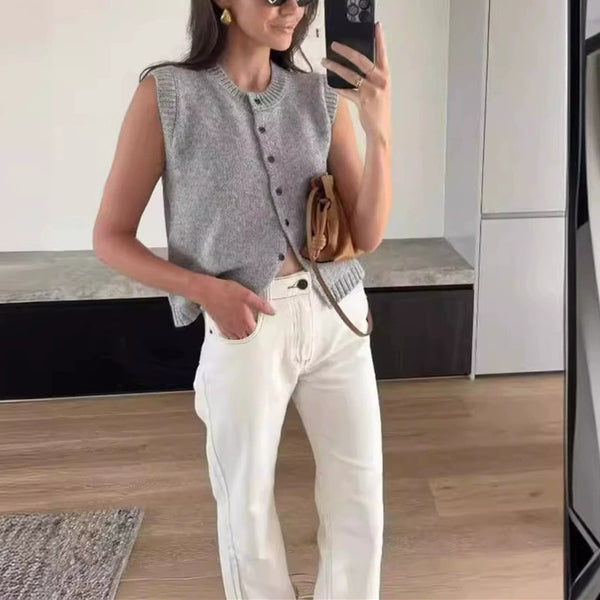 The Agnes Button-Front Knit Vest in Gray