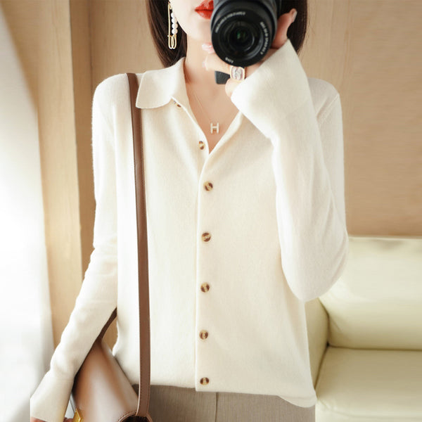 The Audra Polo-Collar Knit Cardigan in Cream