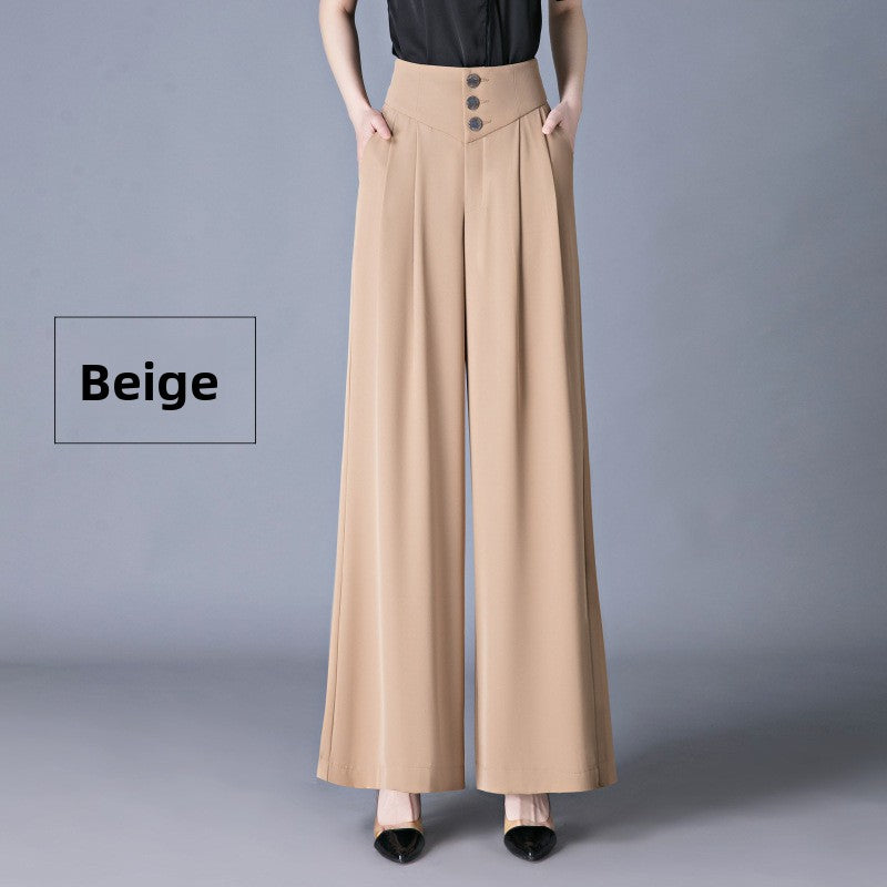 The Rhea Drape Straight-Leg Wide Trousers in Beige