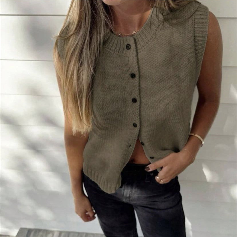 The Agnes Button-Front Knit Vest in Camel