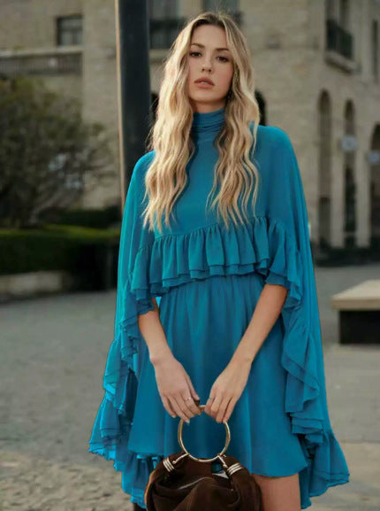 The Audrey Two-Piece Mock-Neck Sleeveless Top & A-Line Midi Skirt Set in Peacock Blue
