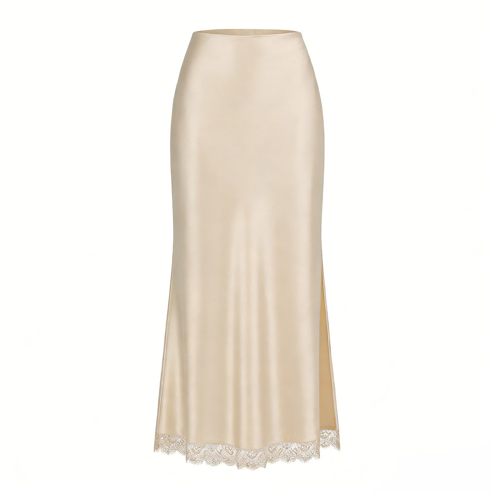 The Liora Lace-Trim Satin Slit Midi Skirt in Apricot