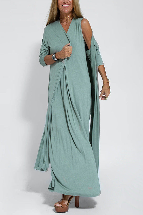 The Solstice Two-Piece Pleated V-Neck Maxi Dress & Duster Cardigan Set in Blue - Duster Cardigan