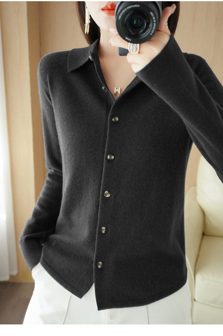 The Audra Polo-Collar Knit Cardigan in Black