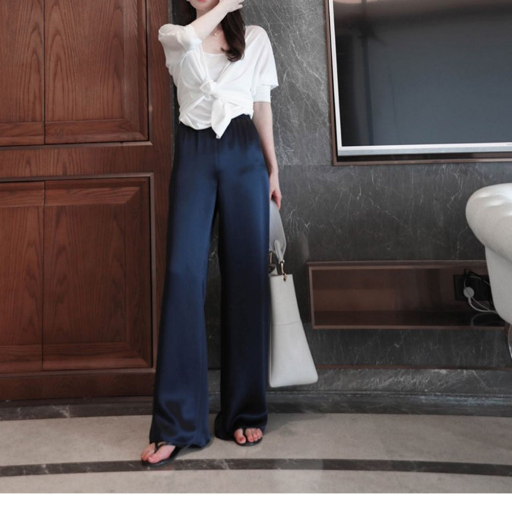 The Celeste Satin-Finish High-Waist Wide-Leg Pants in Navy Blue