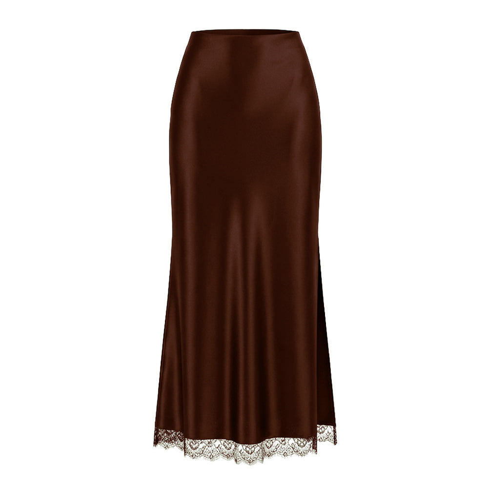 The Liora Lace-Trim Satin Slit Midi Skirt in Brown