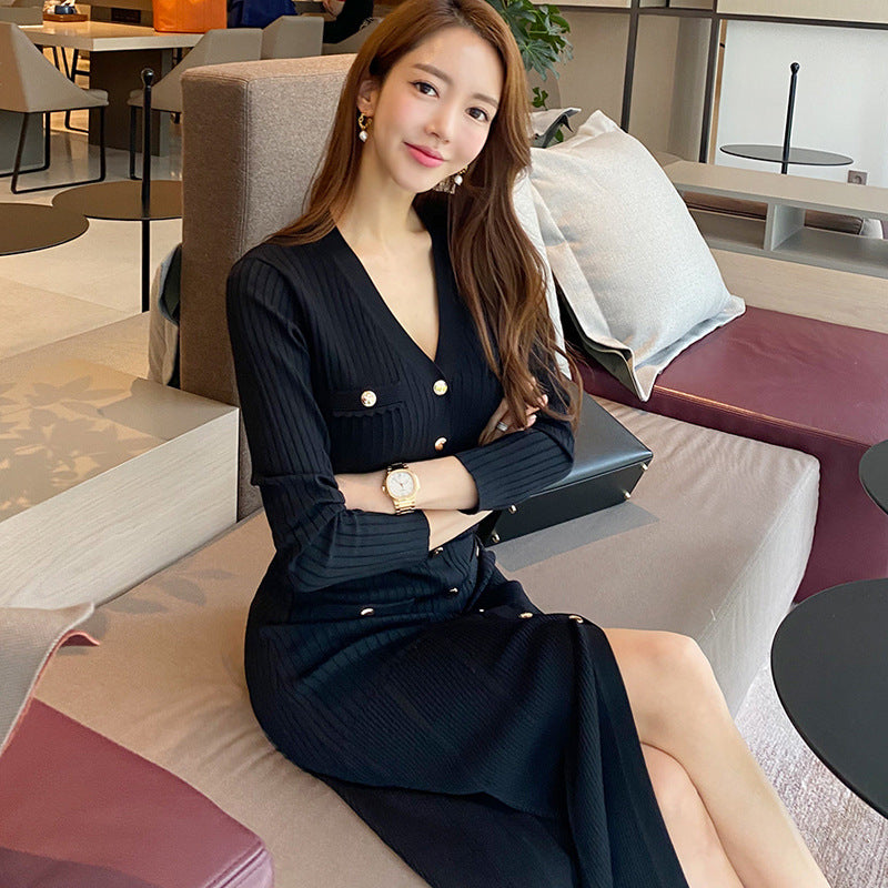 Womens V-Neck Slim-Fit Knit Long Dress