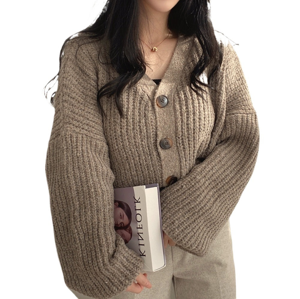 The Camille Chunky Rib Lantern-Sleeve Cardigan in Khaki