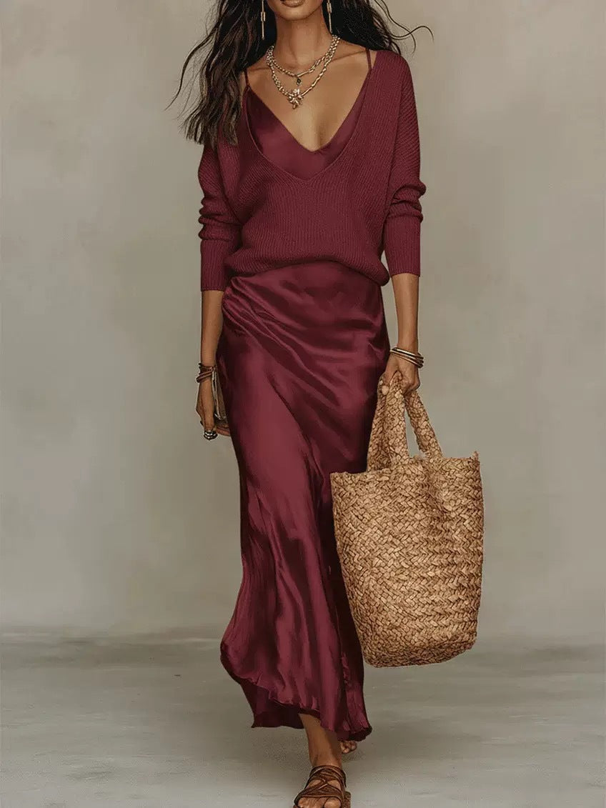 The Étoile Two-Piece Slouchy Knit Top & Liquid Satin Slip Dress Set in Burgundy