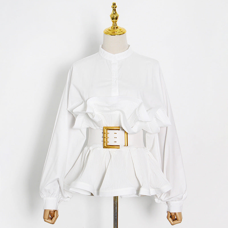 The Aurelia Pleated Ruffle Stand-Collar Blouse