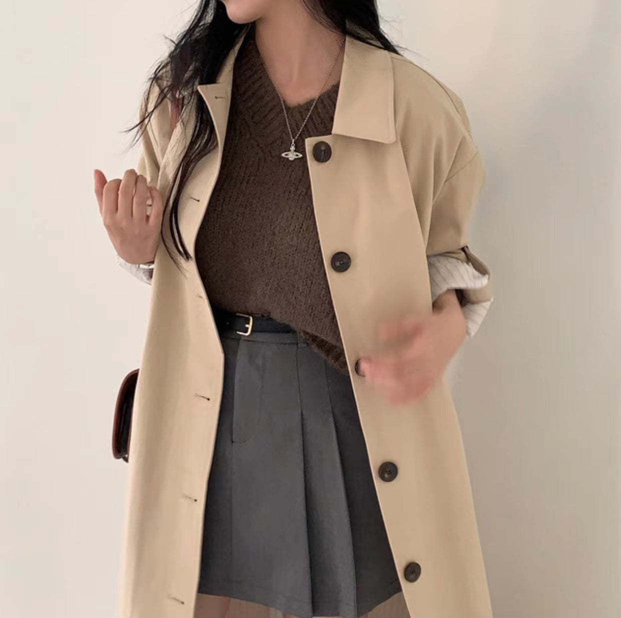 Womens Single-Breasted Long Trench Coat