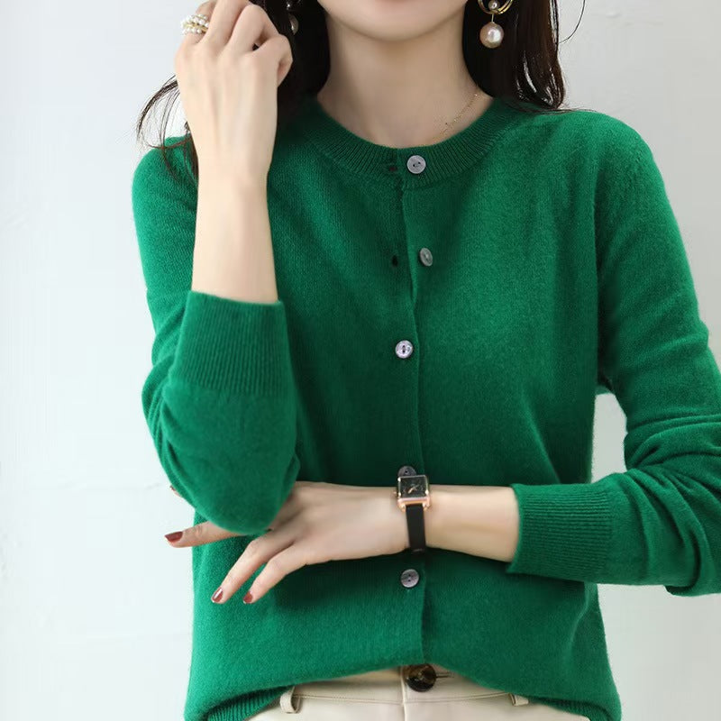 The Celia Fine-Knit Crewneck Cardigan in Green