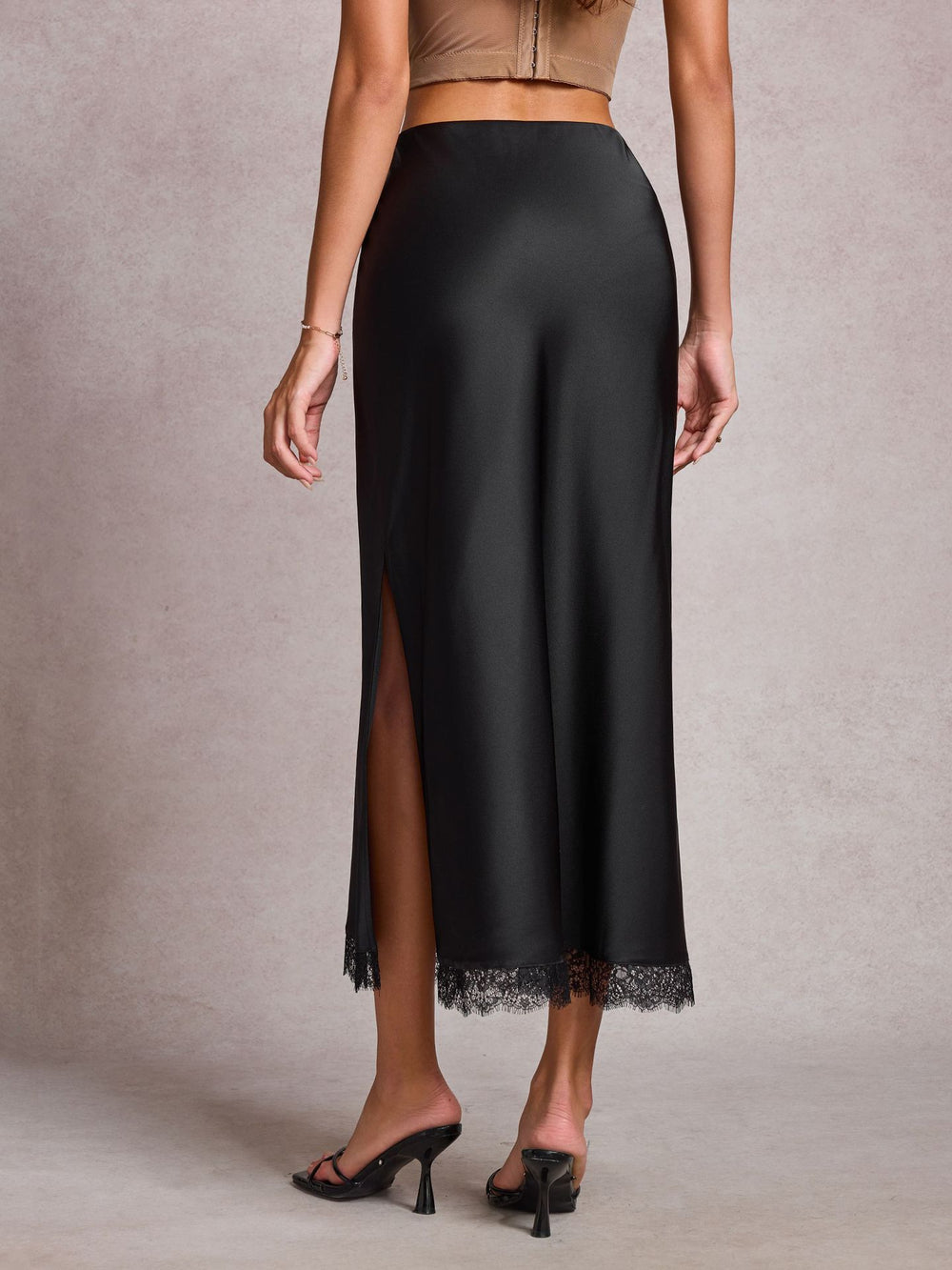 The Liora Lace-Trim Satin Slit Midi Skirt, photo 5