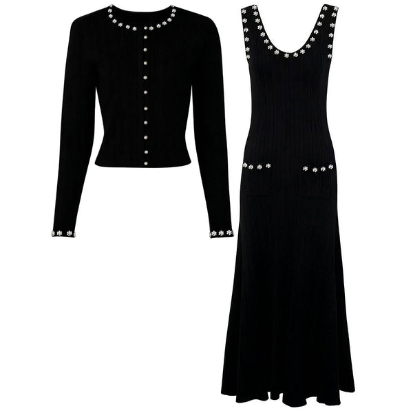 The Lumina Two-Piece Viscose Knit Cardigan & Sleeveless Slip Dress Set in Black - Complete Set