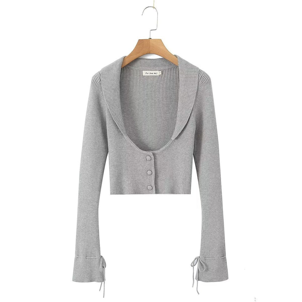 The Margot Three-Piece Knit Set in Gray cardigan