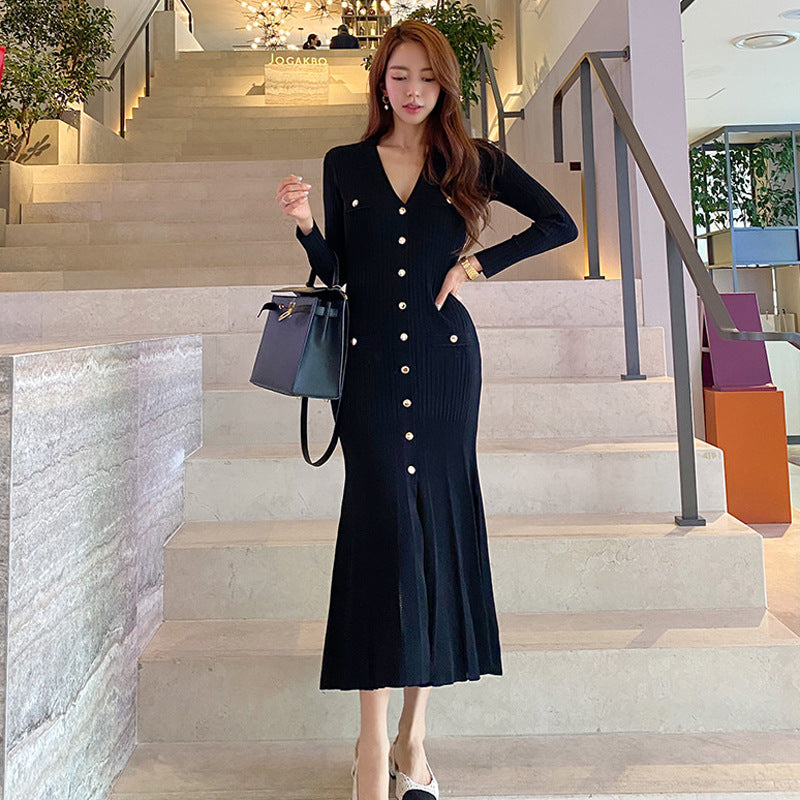 Womens V-Neck Slim-Fit Knit Long Dress