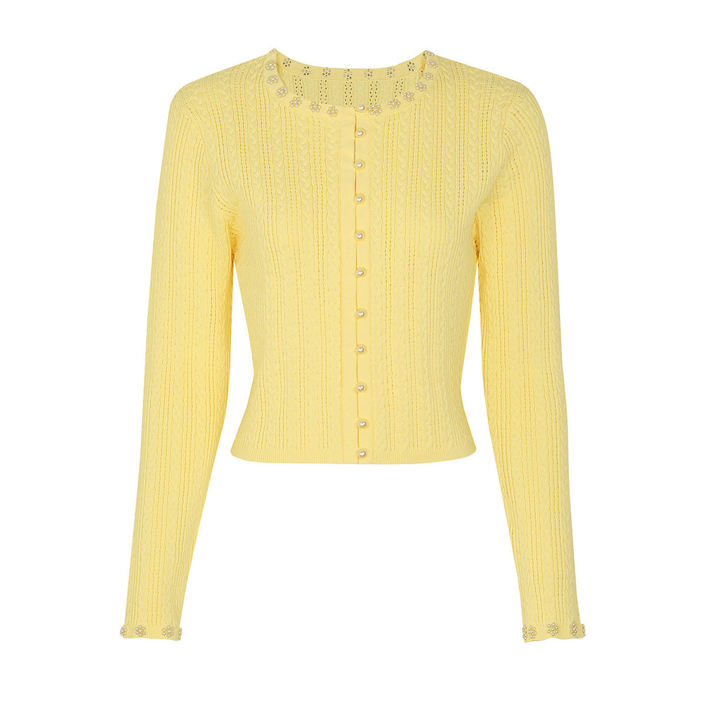 The Lumina Two-Piece Viscose Knit Cardigan & Sleeveless Slip Dress Set in Yellow - Knit Cardigan