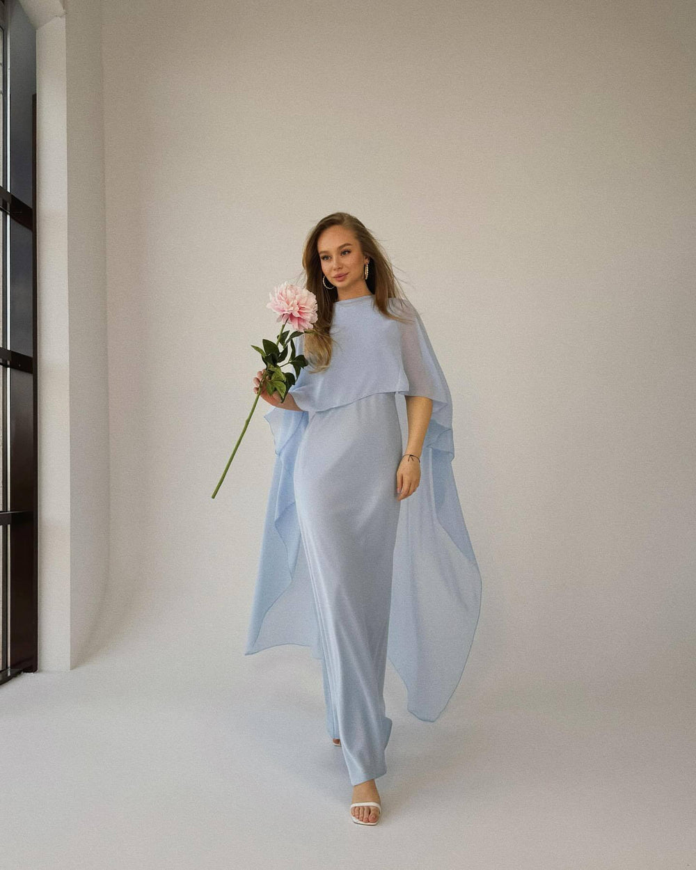 The Valérie Two-Piece Chiffon Cape-Shawl & Column Maxi Dress Set in Light blue