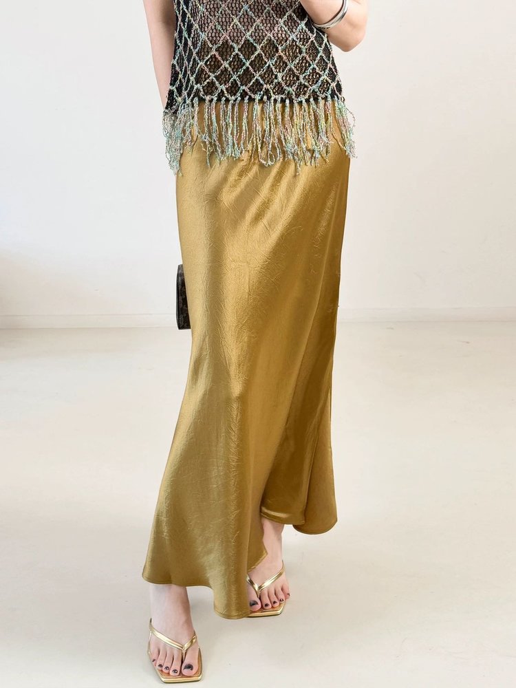 The Odette Triacetate Satin Mermaid Midi Skirt in Vintage Gold