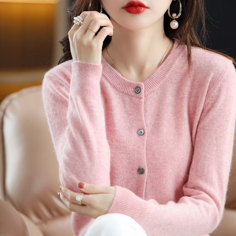 The Celia Fine-Knit Crewneck Cardigan in Pink