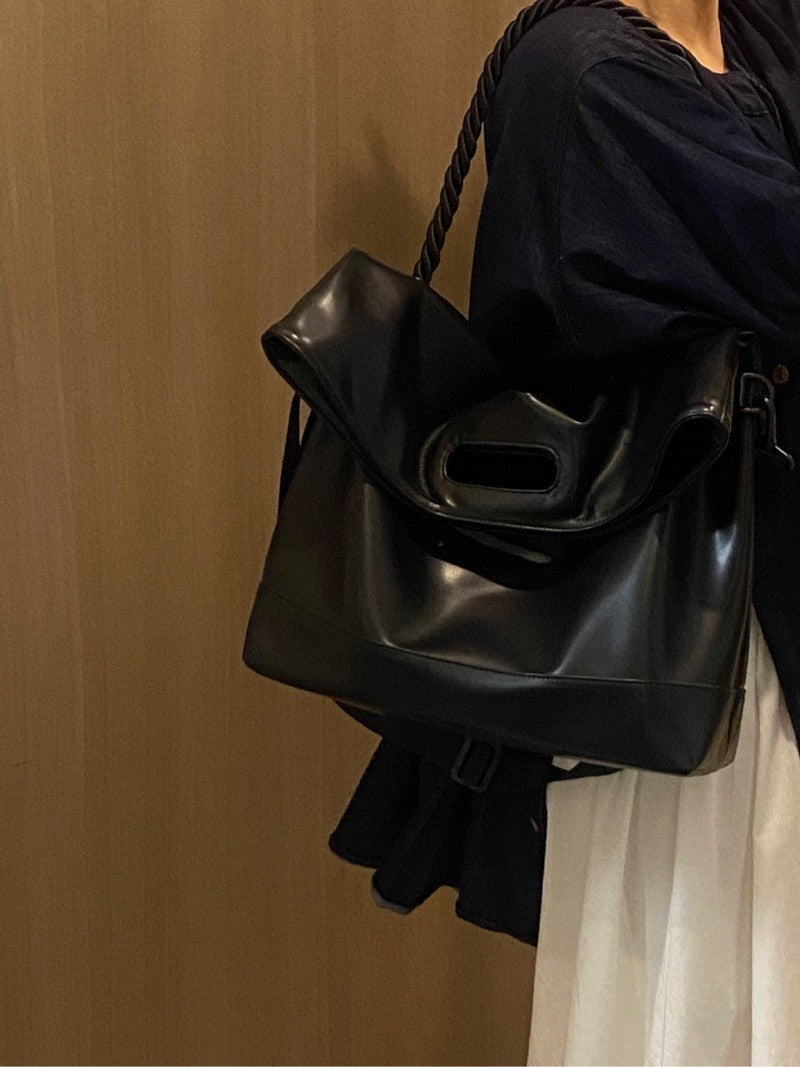 The Marlowe Slouchy Fold-Over Faux-Leather Tote in Black