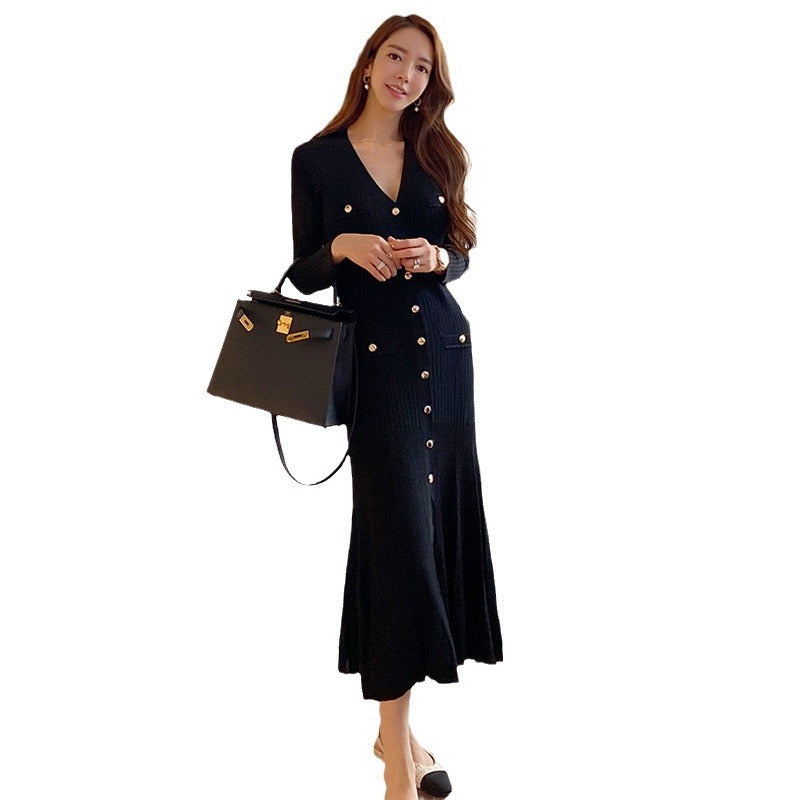 Womens V-Neck Slim-Fit Knit Long Dress