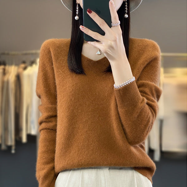The Ada Relaxed V-Neck Knit Sweater in Caramel