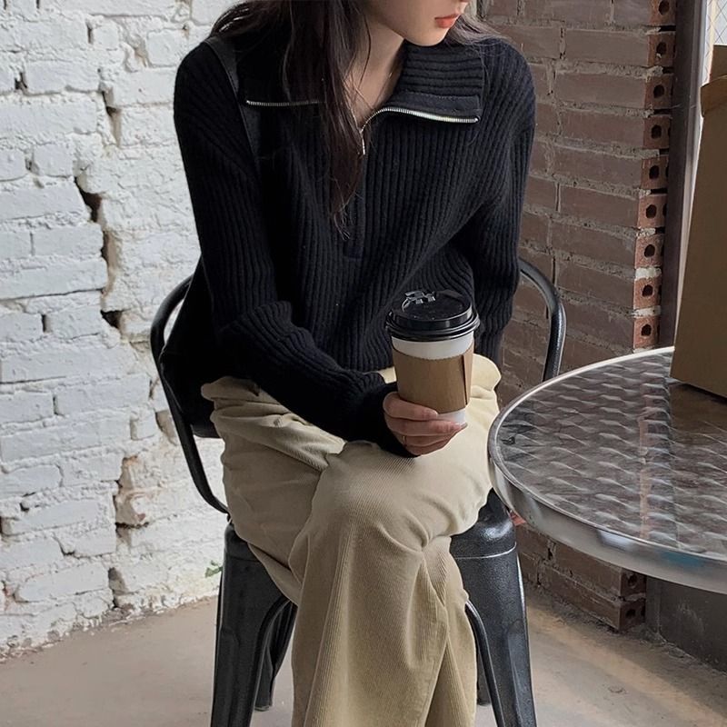 The Sabine Half-Zip Collar Knit Sweater in Black
