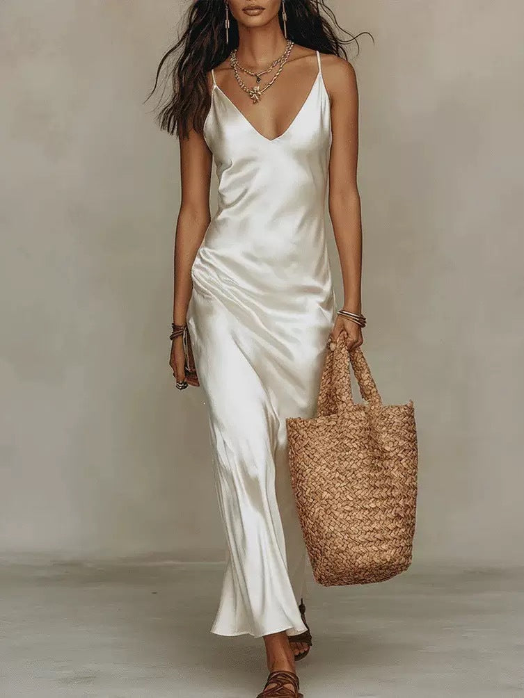 The Céline Two-Piece Slouchy V-Neck Knit Top & Satin Slip Dress Set in Apricot
