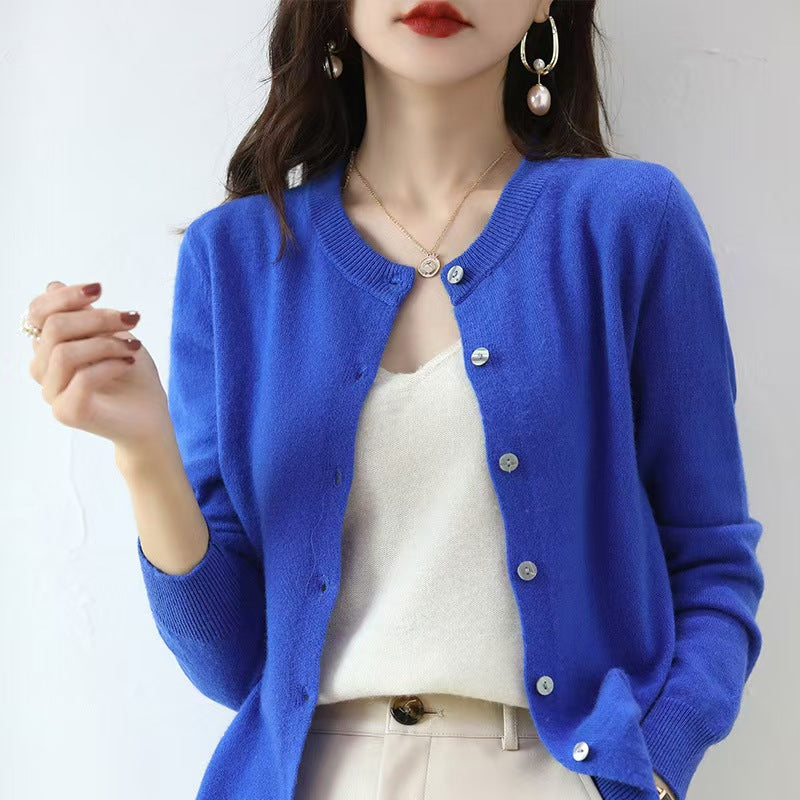 The Celia Fine-Knit Crewneck Cardigan in Cobalt Blue