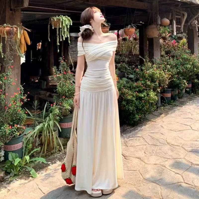 The Riviera Off-Shoulder Ruched Column Maxi Dress in White
