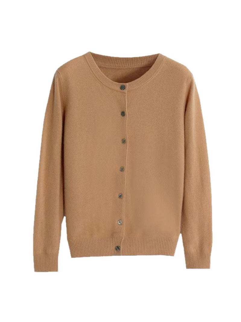 The Celia Fine-Knit Crewneck Cardigan in Golden Camel