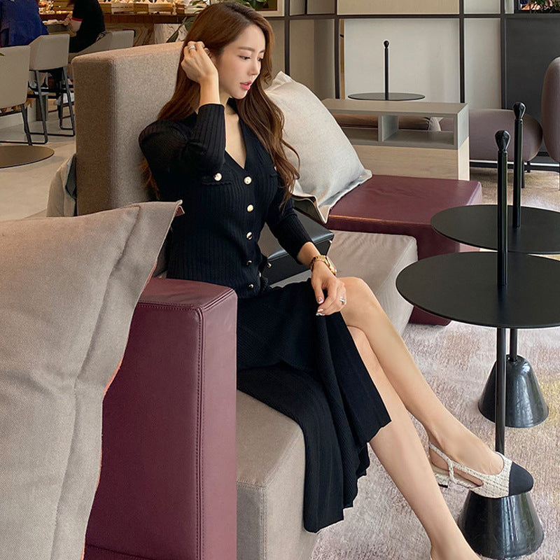 Womens V-Neck Slim-Fit Knit Long Dress
