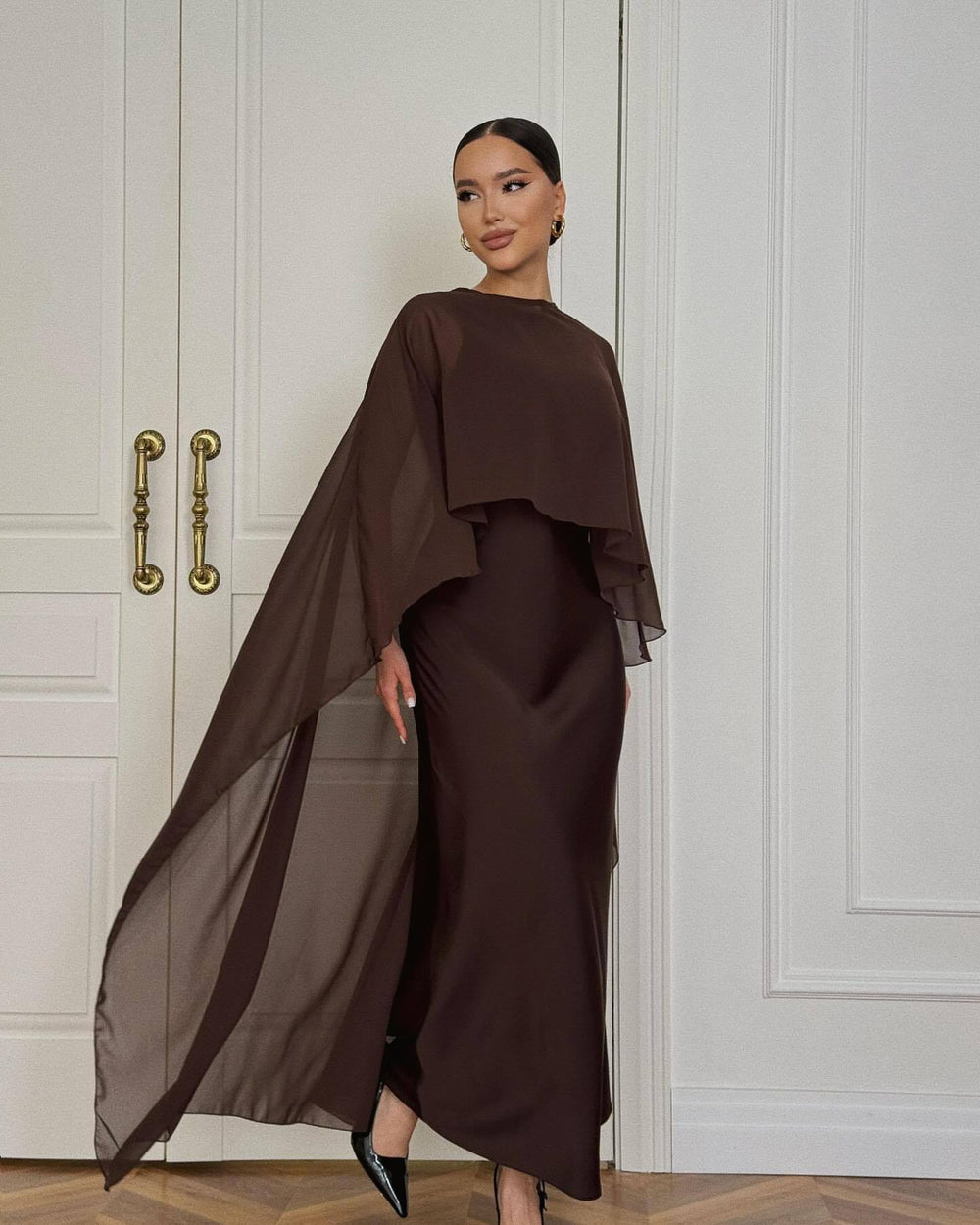 The Valérie Two-Piece Chiffon Cape-Shawl & Column Maxi Dress Set in Brown
