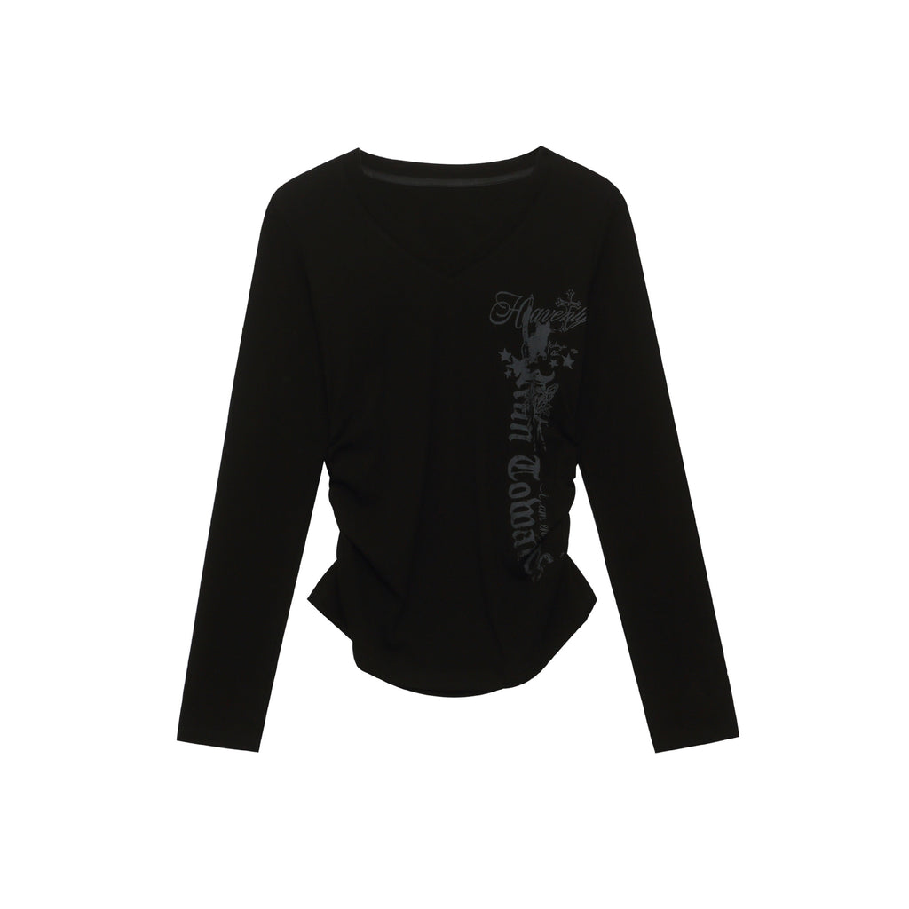 Womens Letter Print V-Neck T-Shirt