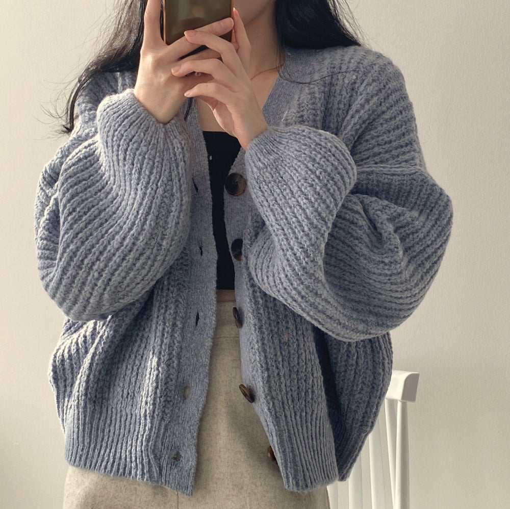 The Camille Chunky Rib Lantern-Sleeve Cardigan in Dusty Blue