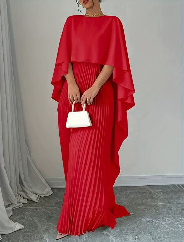 The Elysian Two-Piece Column Maxi Dress & Draped Shawl Set in Red